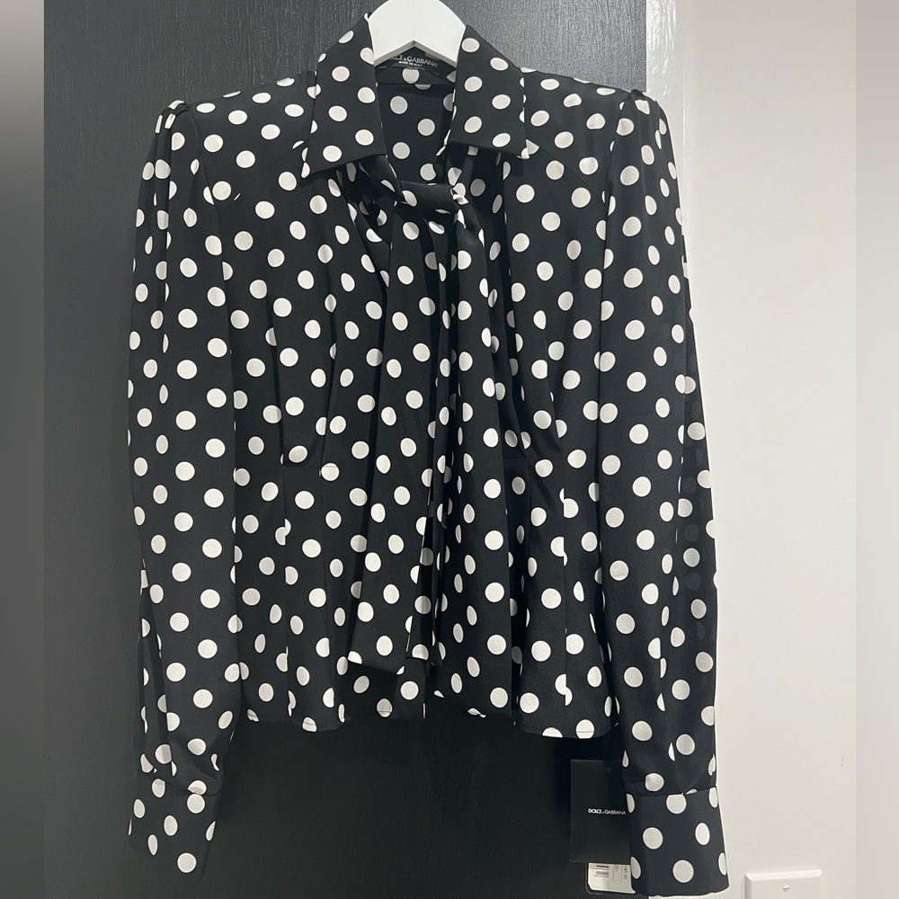 Dolce & Gabbana Polka Dot Crepe de Chine Tie-Neck Blouse | IT 40